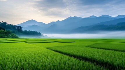 Naklejka premium A misty morning in the rice fields, with dew-covered rice plants glistening in the early light, and mist rolling off the nearby hills. 