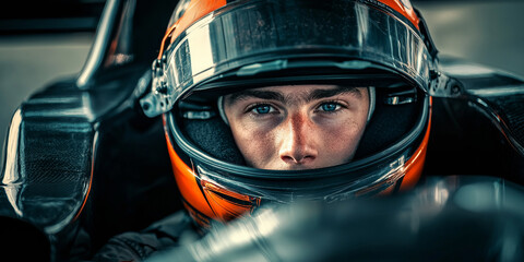 A close up portrait of a race car driver in his helmet, generative AI