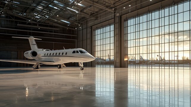 A luxury jet parked inside a spacious hangar with large windows, reflecting light at sunset for an elegant aviation scene.
