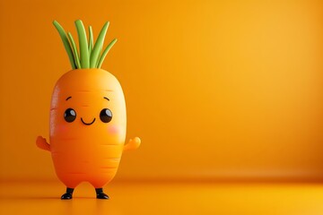 Cute 3D Chibi Carrot Character Standing With Hands on Hips on Vibrant Orange Background