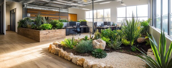 A sustainable landscaping company office with designs for drought-resistant gardens, using repurposed materials for office furniture