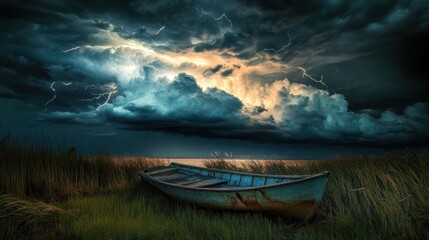 A weathered boat rests in tall grass under a stormy sky filled with lightning and dark clouds.