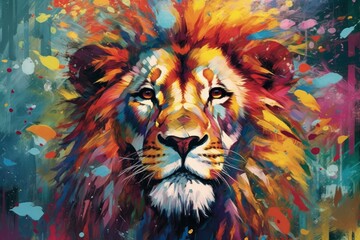 A vibrant, colorful lion portrait with an abstract background.