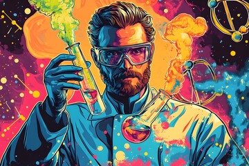 Scientist in Vibrant Pop Art Lab Holding Beaker of Colorful Bubbling Chemicals