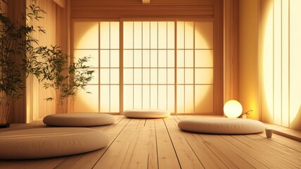 Serene interior with cushions and natural light, creating a peaceful ambiance.