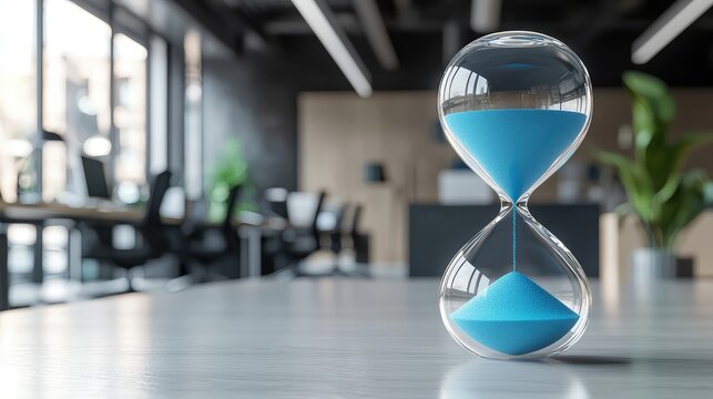 A modern hourglass with blue sand on a sleek office desk, symbolizing time management and efficiency in a professional environment.