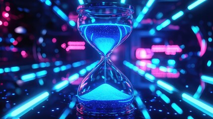 A modern hourglass with glowing blue sand, surrounded by neon lights, symbolizing the passage of time in a digital world.