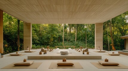 Fototapeta premium Serene meditation space surrounded by nature, featuring cushions and a minimalist design.