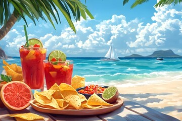 Obraz premium Vibrant Beach Day Scene with Tropical Snacks and Refreshments