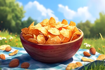 Vibrant Bowl of Mixed Snacks on Cozy Picnic Blanket in Sunny Outdoor Scene