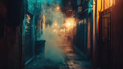 A mysterious alleyway enveloped in fog, illuminated by warm streetlights, creating an atmospheric night scene.