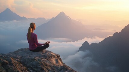 Obraz premium Serene woman meditating on a mountain peak during sunset.