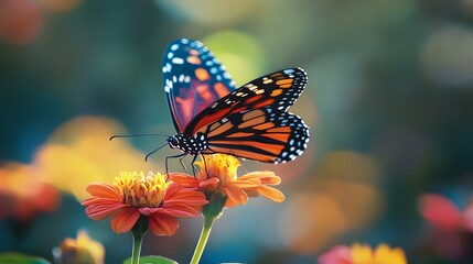 Fototapeta premium A vibrant depiction of a butterfly resting on a blooming flower in India