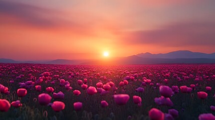 Obraz premium A vivid sunset over a field of blooming poppies in India