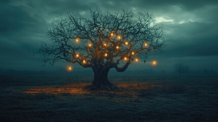 A mystical tree adorned with glowing lights under an eerie sky, creating a magical atmosphere in the dark landscape.