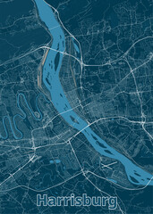 Detailed map of Harrisburg, Pennsylvania, rendered in a minimalist style. The map features a dark blue background with white lines representing roads and streets.