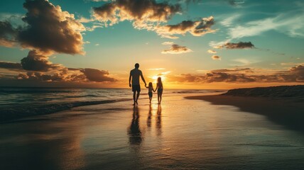 Fototapeta premium Silhouette of a parent and child walking on the beach during sunset.