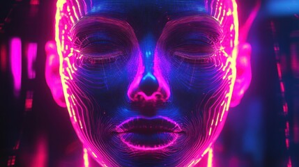 A futuristic, neon-lit digital face with intricate circuit patterns, symbolizing technology and AI.