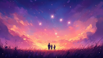 Fototapeta premium Silhouette of family at sunset, colorful sky and dreamy atmosphere