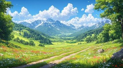 Naklejka premium Serene landscape with rolling hills, vibrant wildflowers, and majestic mountains under a bright blue sky during a sunny day