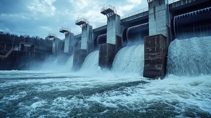 A powerful hydroelectric dam releasing water, creating dynamic waves and showcasing energy and engineering in a natural landscape.