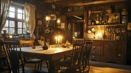 A rustic dining room featuring wooden furniture, warm lighting, and vintage decor, creating a cozy, inviting atmosphere.