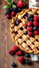 Delicious berry pie topped with fresh raspberries and blackberries on a wooden table