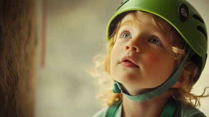Determined Young Caucasian Child Rock Climbing Indoors in Green Helmet and Sports Outfit with Soft Lighting - Inspiring Indoor Climbing Adventure