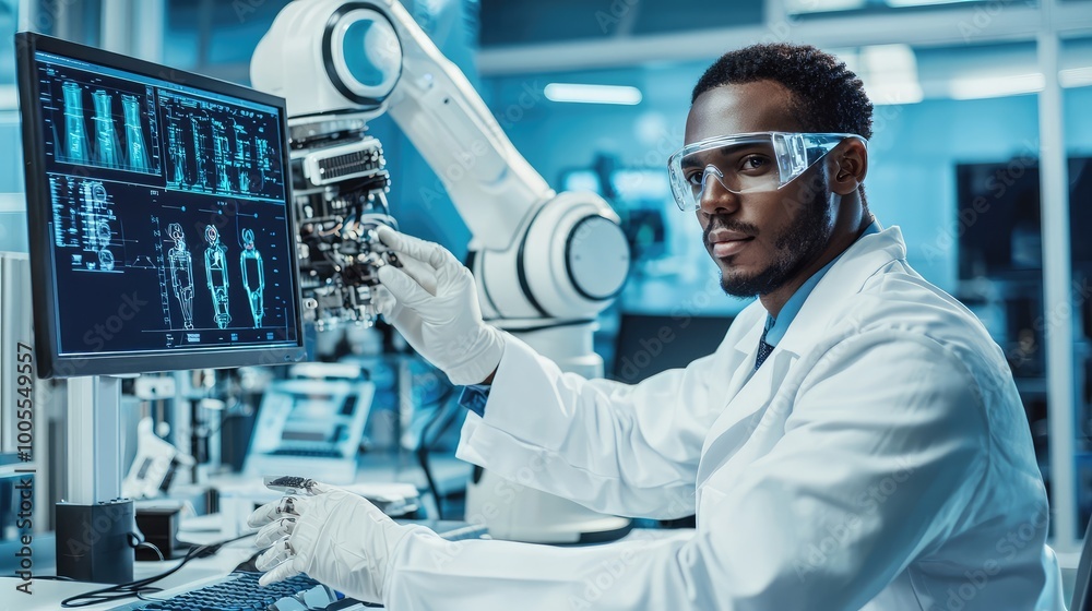 Poster a scientist analyzes data with advanced technology, focusing on robotics and innovation in a modern 