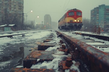 Fototapeta premium Close up view of a derailed freight train accident highlighting the impact and damage involved