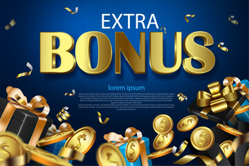 extra bonus business advertising and announcement background gift box and golden coins decorative digital geometric dark blue banner vector illustration.
