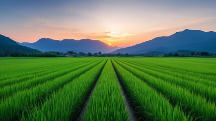 Naklejka premium A peaceful evening view of a rice field as the sun sets behind the mountains, casting long shadows over the green plants and turning the sky shades of pink and orange.
