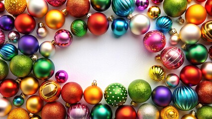 Celebrate the season with a lively frame showcasing bright Christmas balls on a clean white backdrop, ideal for