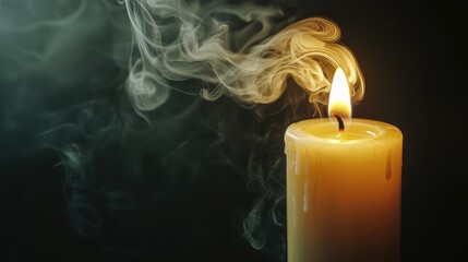 A serene candle burns softly, releasing gentle smoke into the air, creating a calming and soothing atmosphere.