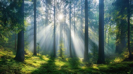 Fototapeta premium A serene forest scene with sunlight streaming through trees, creating a tranquil atmosphere filled with green hues.