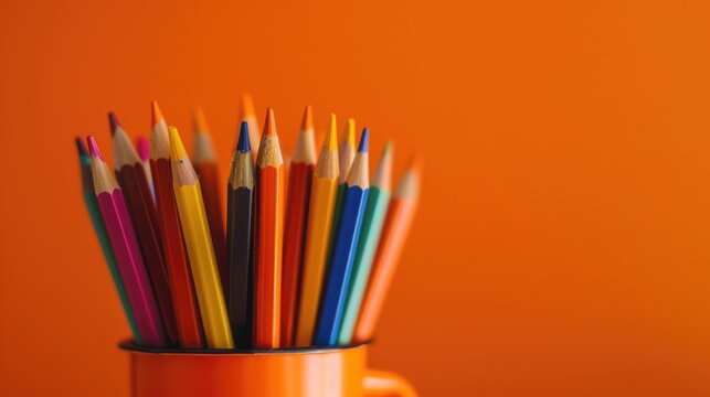 A close-up image of colorful pencils in a red cup against a vibrant orange background.