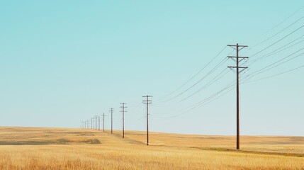 A serene landscape featuring a row of telephone poles against a clear blue sky, highlighting the beauty of rural life.