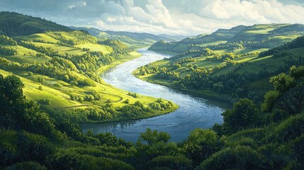 Obraz premium A serene landscape featuring lush hills and a winding river under a dramatic sky, perfect for nature and tranquility themes.