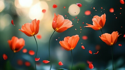 Fototapeta premium Orange Tulips with Falling Petals in a Defocused Background