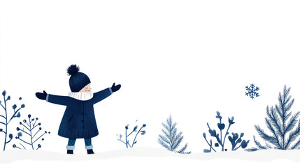 Purple watercolor painting of little girl with arms outstretched in snow