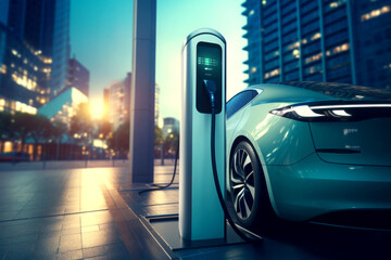 Fototapeta premium electric car charging battery on background