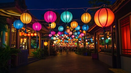 A lively street festival at night with colorful lanterns lighting up the surroundings, creating a dazzling and festive ambiance. Rich colors and festive energy fill the frame.
