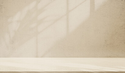 Backdrop light beige podium display for product. Interior room with sunlight and shadows on beige concrete wall surface