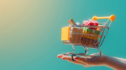 Small shopping cart full of presents on a hand.