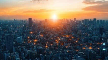 Fototapeta premium Stunning cityscape at sunset with vibrant lights illuminating the skyline.