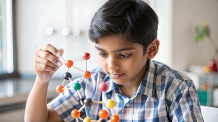 Indian School Kid Using Molecular Model Kit for Physics Study