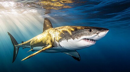 Fototapeta premium A great white shark swims in the ocean with sunlight shining through the water above.