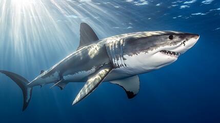 Fototapeta premium A great white shark swims in the blue ocean with the sun shining through the water.