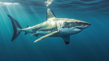 Fototapeta premium A Great White Shark swims gracefully through the clear blue water, bathed in sunlight.