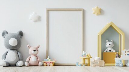 Mockup frame in a playful children room with toys and pastel decor, set against a white background, perfect for showcasing kids' artwork or prints.